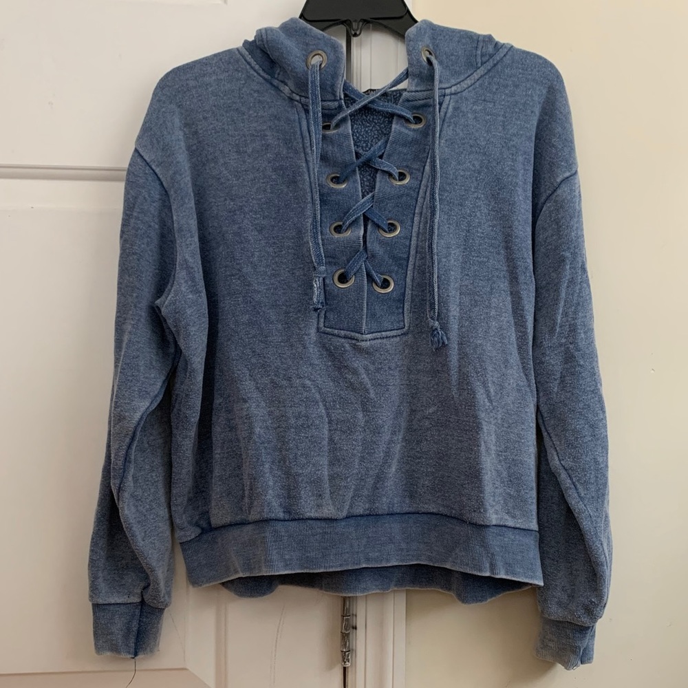 Comfy Blue Criss Cross Tie Hoodie